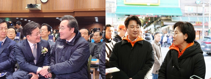(왼쪽사진)박원석 미래대연합 공동창당준비위원장과 이낙연 새로운미래 인재영입위원장이 28일 새로운미래 경기도당 창당대회에서 만나 인사하고 있다. (사진=김한별기자) /이준석 개혁신당 대표와 양향자 한국의희망 대표가 망원시장에서 취재진의 질문에 답하고 있다. (사진=개혁신당 제공)