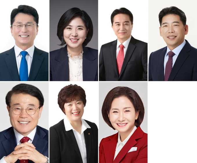 시계방향으로 조택상(민주‧중구강화군옹진군), 남영희(민주‧동구미추홀구을), 정승연(국힘‧연수구갑), 유제홍(국힘‧부평구갑), 이행숙(국힘‧서구을), 고혜경(진보‧계양구을), 윤형선(국힘‧계양구을) 예비후보.