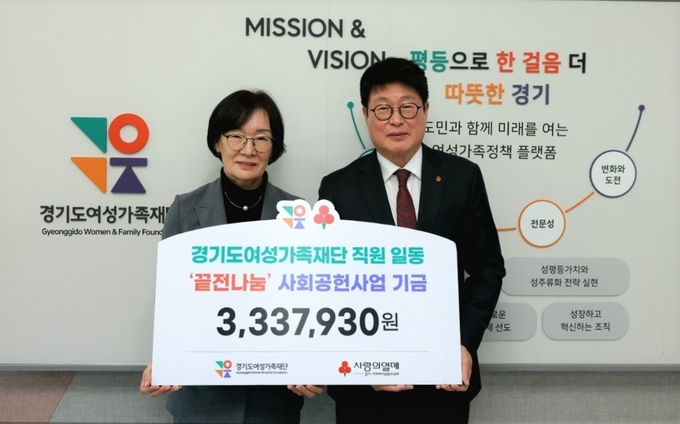 김혜순 경기도여성가족재단 대표이사(왼쪽), 권인욱 경기사랑의열매 회장이 기금전달식 기념사진을 찍고 있다. (사진=경기사랑의열매 제공)