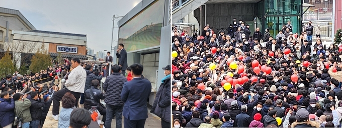 한동운 위원장이 방문한 김포라베니체 광장에 많은 지지자들의 몰려 인사를 나누고 있다. (사진= 천용남 기자)