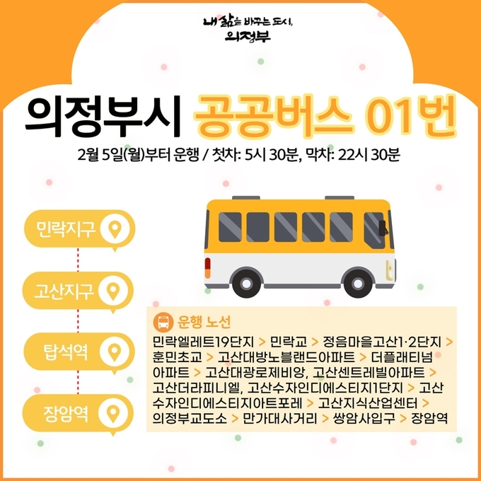 의정부시가 서울로 출퇴근하는 시민들의 교통 편의를 개선하기 위해 민락‧고산지구와 장암역을 연계하는 ‘의정부01번 공공버스’ 노선 운행을 5일부터 시작한다. (자료=의정부시 제공)