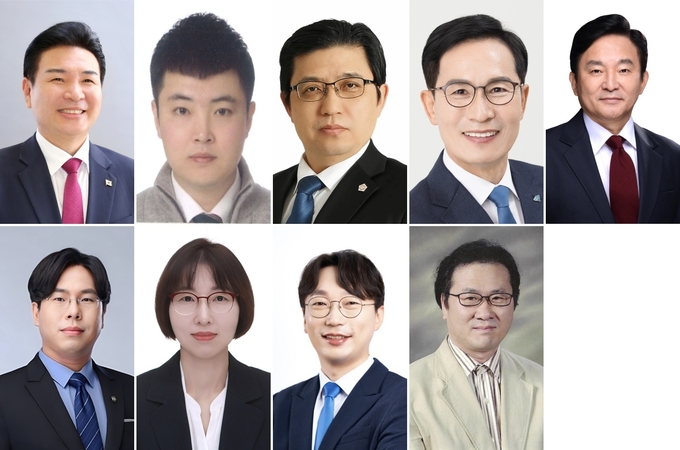 (왼쪽부터) 구본철 예비후보, 손호범 예비후보, 안광훈 예비후보, 유길종 예비후보, 원희룡 예비후보, 박상수 예비후보, 허숙종 예비후보, 모경종 예비후보, 양병현 예비후보.