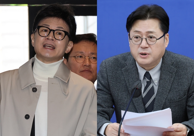 한동훈 국민의힘 비상대책위원장과 홍익표 더불어민주당 원내대표가 13일 각각 국민의힘 중앙당사 출근길과 당 원내대책회의에서 발언하고 있다. (사진=연합뉴스)