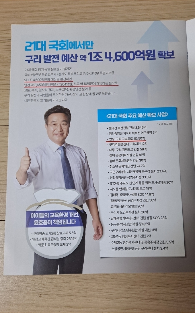 민주당 윤호중 국회의원 의정활동보고서. (사진=박영순 예비후보 선대위 제공)