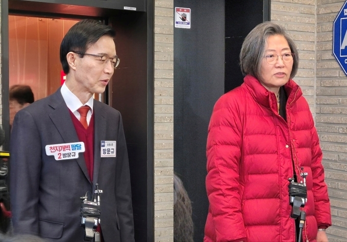 국민의힘 방문규 수원병 예비후보자와 이수정 수원정 예비후보자가 14일 각각 공천면접을 마친 뒤 여의도 중앙당사 1층에서 기자들의 질문에 답하고 있다. (사진=김한별 기자)