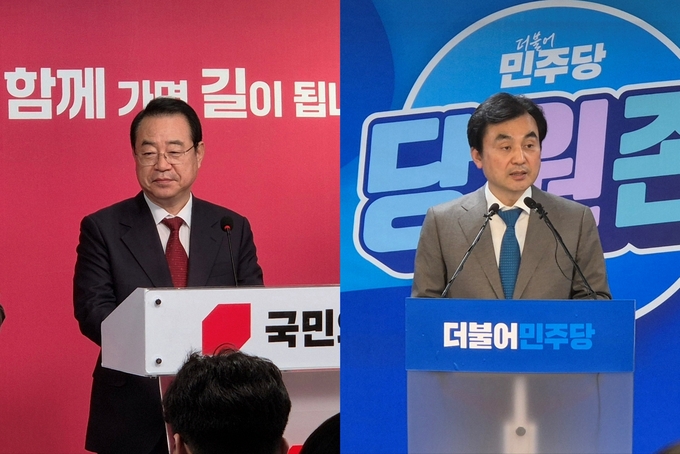 정영환 국민의힘 공천관리위원장(왼쪽)과 얀규백 더불어민주당 전략공천위원장이 15일 각각 자당 중앙당사에서 공천 관련 브리핑을 실시하고 있다. (사진=김한별 기자)