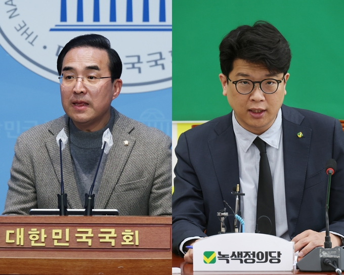 박홍근 더불어민주당 민주개혁진보연합추진단장(왼쪽)과 김준우 녹색정의당 상임대표가 18일 각각 국회에서 기자회견을 열고 발언하고 있다. (사진=연합뉴스)