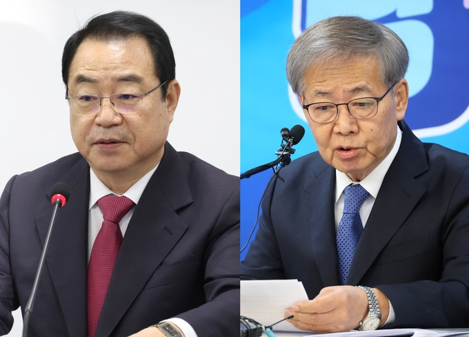 23일 정영환 국민의힘 공천관리위원장(왼쪽)과 임혁백 더불어민주당 공천관리위원장이 각각 자당 중앙당사에서 공천 심사 결과를 발표하고 있다. (사진=연합뉴스)