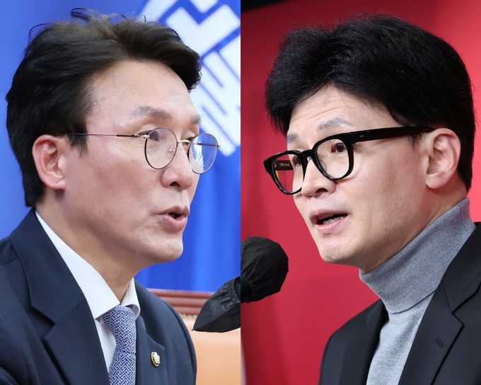 김민석 더불어민주당 총선상황실장(왼쪽)과 한동훈 국민의힘 비상대책위원장. (사진=연합뉴스)