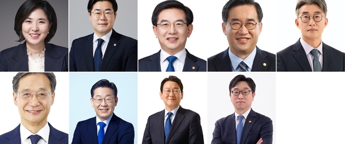 3일 기준 더불어민주당 제22대 총선 인천지역 후보 확정자. 왼쪽부터 동구미추홀구을 남영희, 연수구갑 박찬대, 연수구을 정일영, 남동구갑 맹성규, 부평구갑 노종면, 계양구갑 유동수, 계양구을 이재명, 서구갑 김교흥, 서구을 이용우. (지역구순)