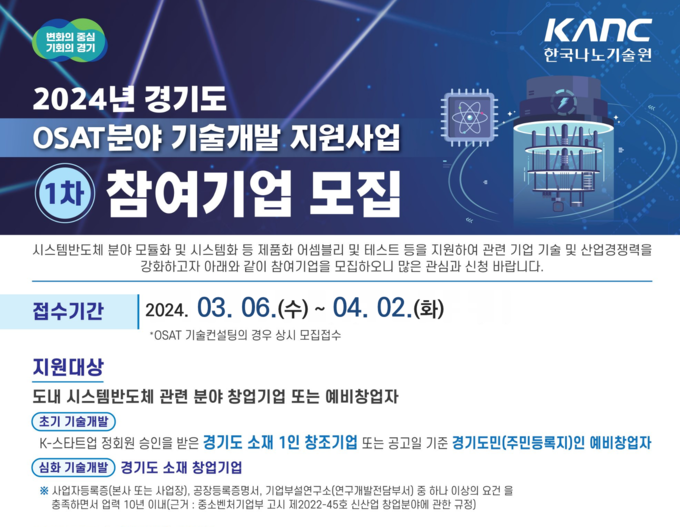 2024년도 경기도 OSAT 분야 기술개발 지원사업 1차 모집 포스터. (사진=경기도 제공)