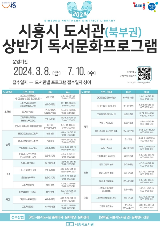 시흥시 소래빛도서관을 비롯한 북부권의 7개 공공도서관(소래빛, 능곡, 대야, 목감, 장곡, 신천, 매화)이 오는 8일부터 7월 10일까지 상반기 정기 독서문화 프로그램 운영 포스터. (사진=시흥시 제공)