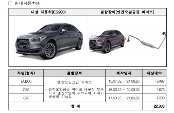 현대자동차 리콜 대상 차량. (자료=국토교통부 제공)