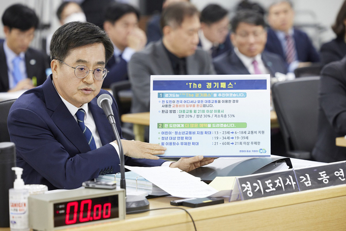 김동연 경기도지사가 지난해 10월 국회 행정안전위원회 경기도 국정감사에서 더(The) 경기패스를 소개하고 있다. (사진=경기도 제공)