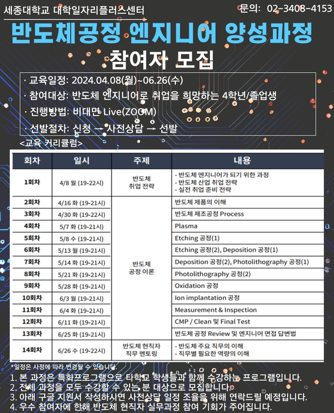 2024년 상반기 반도체 공정 엔지니어 양성과정 프로그램을 포스터 (사진=세종대학교 제공)
