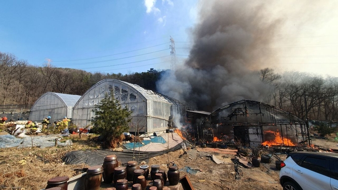  21일 군포의 한 농장에서 화재가 발생한 모습. (사진=경기도소방재난본부 제공)