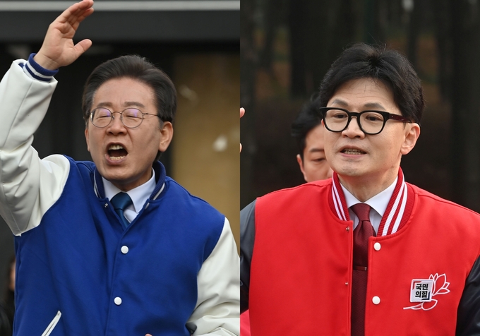 국회의원 선거 기호 1번 더불어민주당의 이재명 당대표와 기호2번 국민의힘의 한동훈 비상대책위원장. (사진=옥지훈 기자)