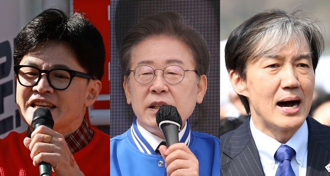 왼쪽부터 한동훈 국민의힘 총괄선거대책위원장, 이재명 더불어민주당 대표, 조국 조국혁신당 대표. (사진=연합뉴스)