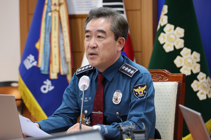  4일 ‘안전한 선거 뒷받침을 위한 전국 지휘부 화상회의’를 주재하고 있는 윤희근 경찰청장. (사진=연합뉴스 제공)