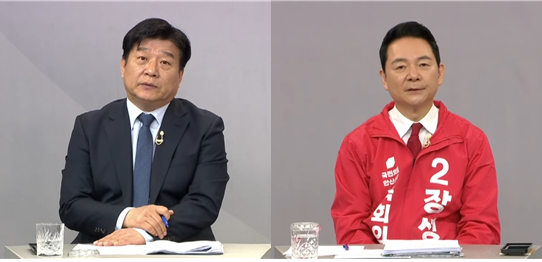 3일 저녁 SK브로드밴드한빛방송 스튜디오가 중계한 후보자 토론회에서 안산갑에 출마하는 장성민(국힘)·양문석(민주) 후보가 후보자 토론회를 하고 있다. (사진=중앙선거방송토론위원회 유튜브 캡처)