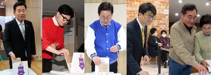 왼쪽부터 김진표 국회의장, 한동훈 극민의힘 비상대책위원장, 이재명 더불어민주당 대표, 김준우 녹색정의당 상임선대위원장, 이낙연 새로운미래 대표가 5일 각각 사전투표장을 찾아 한 표를 행사하는 모습. (사진=연합뉴스)