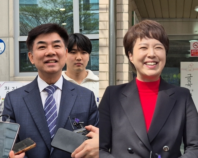 5일 오전 분당을 김병욱(민주)·김은혜(국힘) 후보가 각각 가족과 함께 사전투표를 마치고 취재진의 질문에 답하는 모습. (사진=김한별 기자)