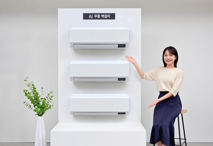 삼성전자 모델이 삼성스토어 청담점에서 '2024년 에너지효율개선사업 냉방 지원기기 보급사업자 선정' 공급 모델인 'AI 무풍 벽걸이'를 소개하는 모습. (사진=삼성전자 제공)