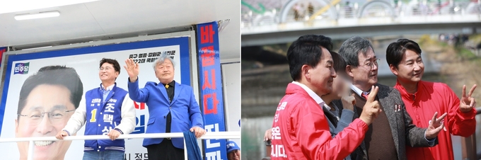 (왼쪽)조택상 민주당 중구강화군옹진군 국회의원 후보와 배우 명계남씨가 중구 운서역 광장 일대에서 유세를 펼치고 있다. (오른쪽)원희룡 국힘 계양구을 국회의원 후보와 배주 노주현씨, 이천수 원희룡 후원회장이 계양 서부간선수로 벚꽃축제에서 선거 유세를 하고 있다. ( 사진 = 각 후보 선거사무소 제공 )
