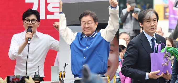 (왼쪽부터) 8일 한동훈 국민의힘 총괄선거대책위원장과 이재명 더불어민주당 상임총괄선대위원장, 조국 조국혁신당 대표가 경기도와 인천, 서울 등 수도권에서 집중 유세를 하는 모습. (사진=옥지훈 기자·연합뉴스)