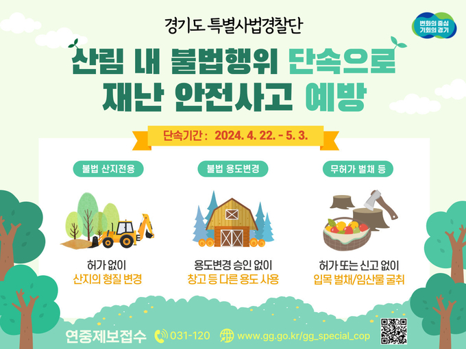 경기도특별사법경찰단이 오는 22일부터 다음 달 3일까지 산림 내 불법행위를 집중 단속한다. (자료=경기도 제공)