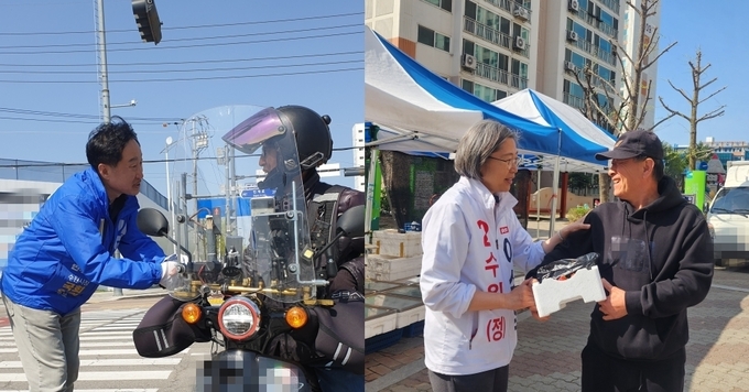 수원정에 출마한 김준혁(민주·왼쪽) 후보와 이수정(국힘·오른쪽) 후보가 9일 수원정 지역구 내에서 유권자들과 만나 지지를 호소하고 있다. (사진=나규항 기자) 