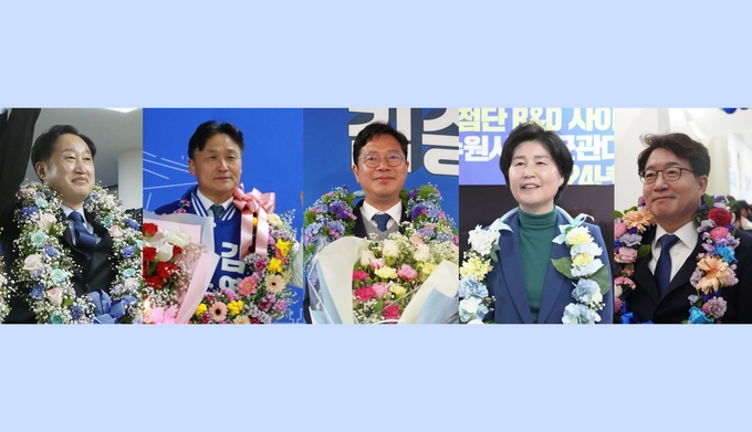 왼쪽부터 더불어민주당 김준혁(수원정), 김영진(수원병), 김승원(수원갑), 백혜련(수원을), 염태영(수원무) 후보. (사진=각 후보 측 제공)
