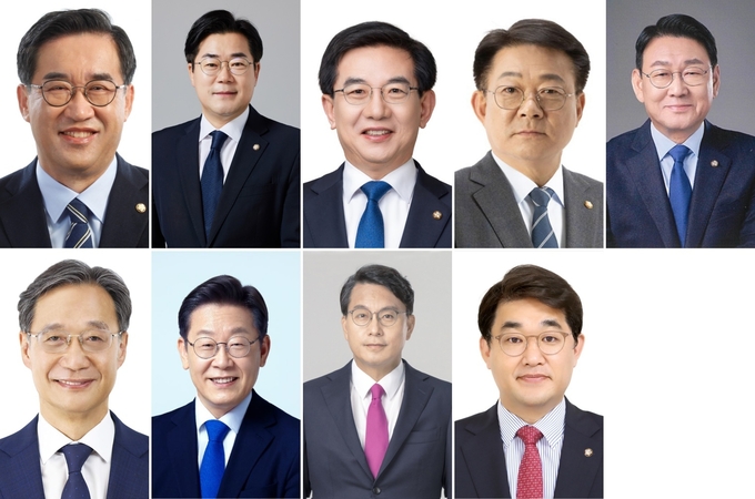 왼쪽부터 민주당 맹성규(남동구갑)·박찬대(연수구갑)·정일영(연수구을)·허종식(동구미추홀구갑)·김교흥(서구갑)·유동수(계양구갑)·이재명(계양구을), 국힘 윤상현(동구미추홀구을)·배준영(중구강화군옹진군). ( 사진 = 중앙선거관리위원회 제공 )