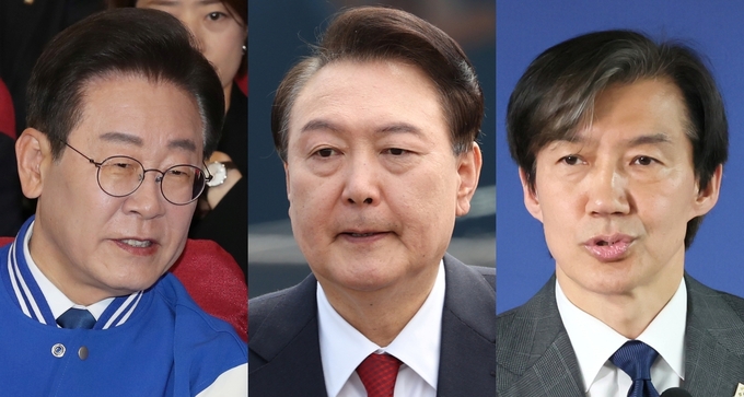 윤석열 대통령(가운데)과 이재명 더불어민주당(왼쪽)·조국 조국혁신당 대표. (사진=연합뉴스)