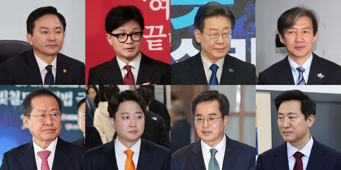 (왼쪽 상단부터) 원희룡 전 국토부장관, 한동훈 전 국민의힘 비상대책위원장, 이재명 더불어민주당 대표, 조국 조국혁신당 대표, 홍준표 대구시장, 이준석 개혁신당 대표, 김동연 경기도지사, 오세훈 서울시장. (사진=연합뉴스)