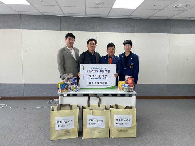 가평로타리 3600지구 가평로타리클럽이 행복나눔 박스(간편식,시리얼,멸균우유 등) 240만 원 상당의 후원 물품을 전달하고 있다. (사진=가평군 제공)