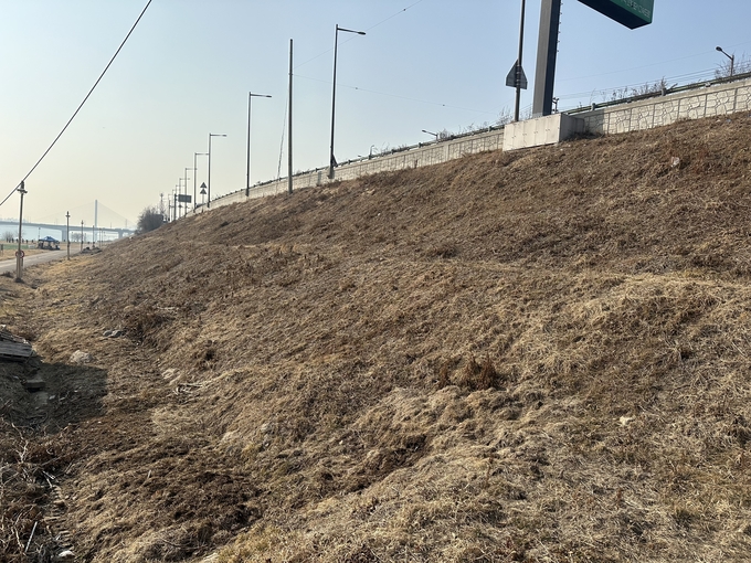 한강공원 수석지구 외곽 법면부.이곳에 쌓인 토사도 걷어 낸다.(사진=남양주시 제공)