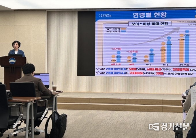 정현옥 우리은행 금융소비자보호그룹 부행장이 보이스피싱 피해 현황에 대해 설명하고 있다. (사진=고현솔 기자)