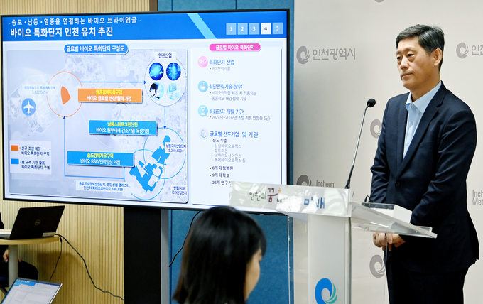 유제범 인천시 미래산업국장이 2일 시청 브리핑룸에서 미래산업국 소관 현안과 관련해 기자브리핑을 하고 있다. ( 사진 = 인천시 제공 )