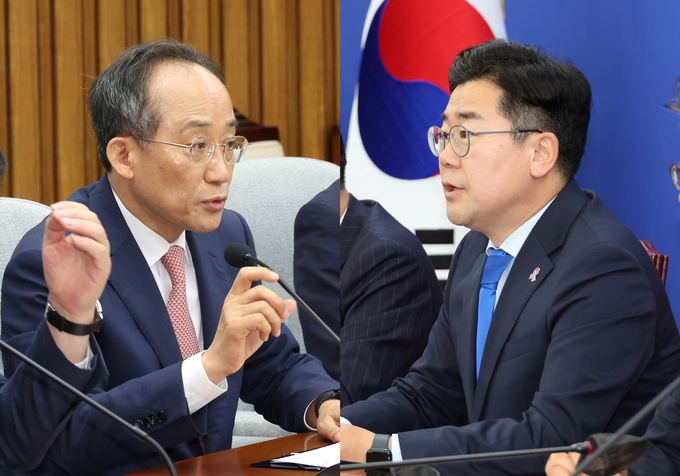 추경호 국민의힘 원내대표(왼쪽)과 박찬대 더불어민주당 원내대표가 21일 각각 국회에서 열린 당 원내대책회의에 참석해 발언하고 있다. (사진=연합뉴스)