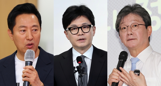 왼쪽부터 오세훈 서울시장, 한동훈 국민의힘 전 비상대책위원장, 유승민 전 국회의원. (사진=연합뉴스)