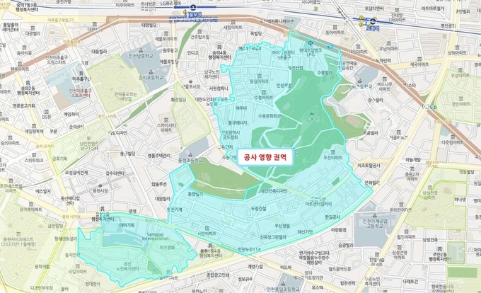 수봉공원 일대 상수도 급수 공급체계 정비 영향 권역. ( 사진 = 인천시 제공 )
