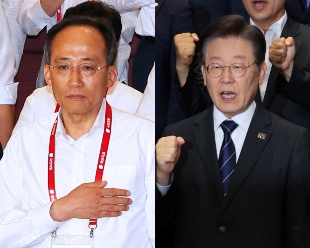 22대 국회 개원 첫날인 30일 추경호 국민의힘 원내대표(왼쪽)과 이재명 더불어민주당 대표의 모습. (사진=연합뉴스)