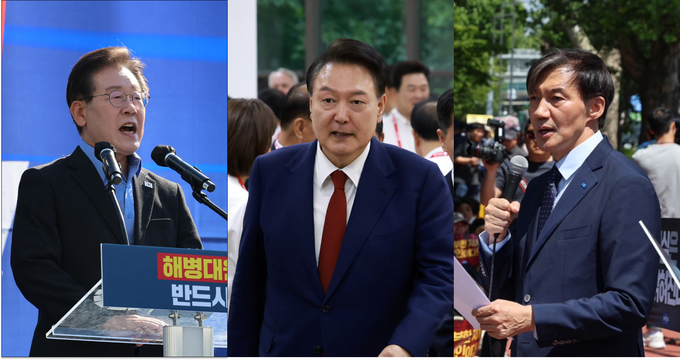 지난 1일 이재명 더불어민주당 대표(맨 왼쪽)와 조국 조국혁신당 대표(맨 오른쪽)가 각각 채상병특검법 관련 장외집회를 열고 발언하고 있다. 가운데는 지난달 30~31일 국민의힘 제22대 당선인 워크숍에 참석한 윤석열 대통령. (사진=연합뉴스) 