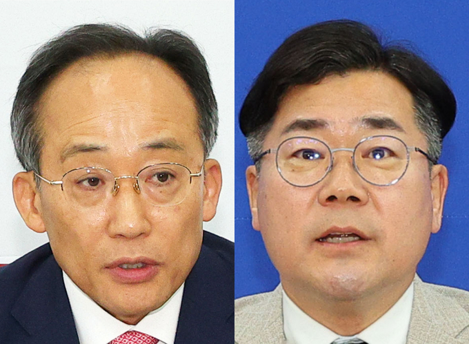 추경호 국민의힘 원내대표(왼쪽)과 박찬대 더불어민주당 원내대표가 2일 각각 국회에서 기자간담회를 열고 원 구성에 대한 입장을 밝히고 있다. (사진=연합뉴스)