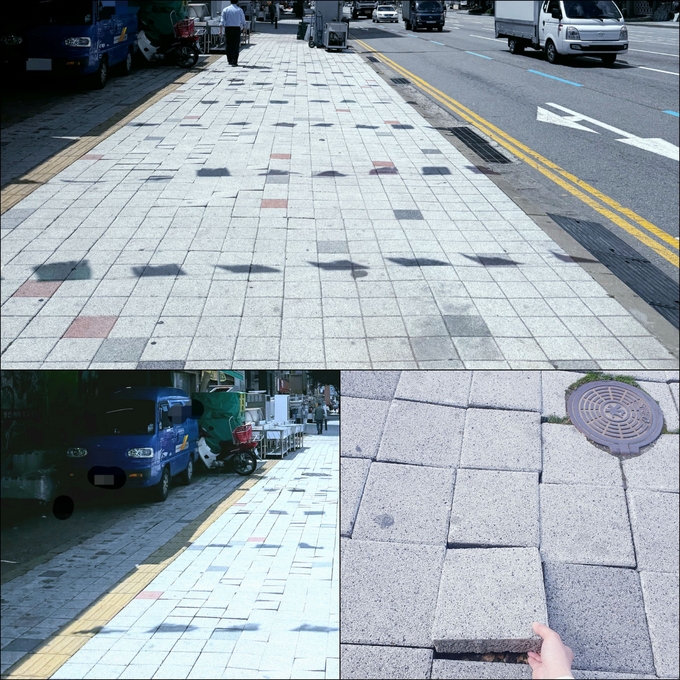 인천시 남동구 구월동에 있는 마트 앞 보도블럭이 훼손돼 있다. ( 사진 = 유지인 기자 )
