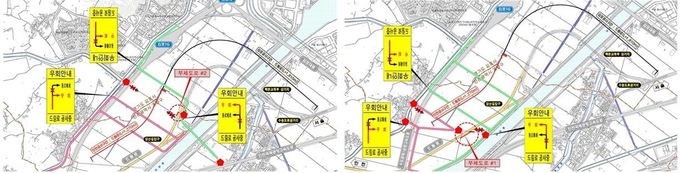 계양구 평동 14-12 일원(왼쪽), 상야동 395-35 일원(오른쪽) 우회 구간 안내간판 설치 및 교통처리 모식도. ( 사진 = iH 제공 )