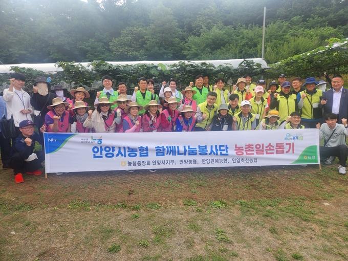 안양시 농협 함께나눔봉사단과 안양시생활개선회가 24일 포도 농가에서 일손돕기 봉사를 마친 뒤 기념촬영을 하고 있다. (사진=농협 안양시지부 제공)