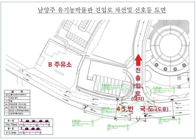 문제가 되고 있는 (구) 유기농박물관(정약용펀그라운드) 앞 교차로와 주유소 위치도.