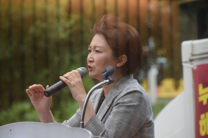 이언주(민주·용인정) 국회의원이 29일 한강진역에서 열린 채상병 특검 촉구 범국민 집회 연단에 올라 발언하고 있다. (사진=의원실 제공) 